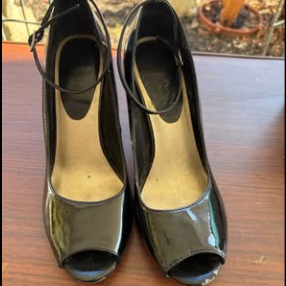 Diba Black Patent Peep-Toe Ankle Strap Heels